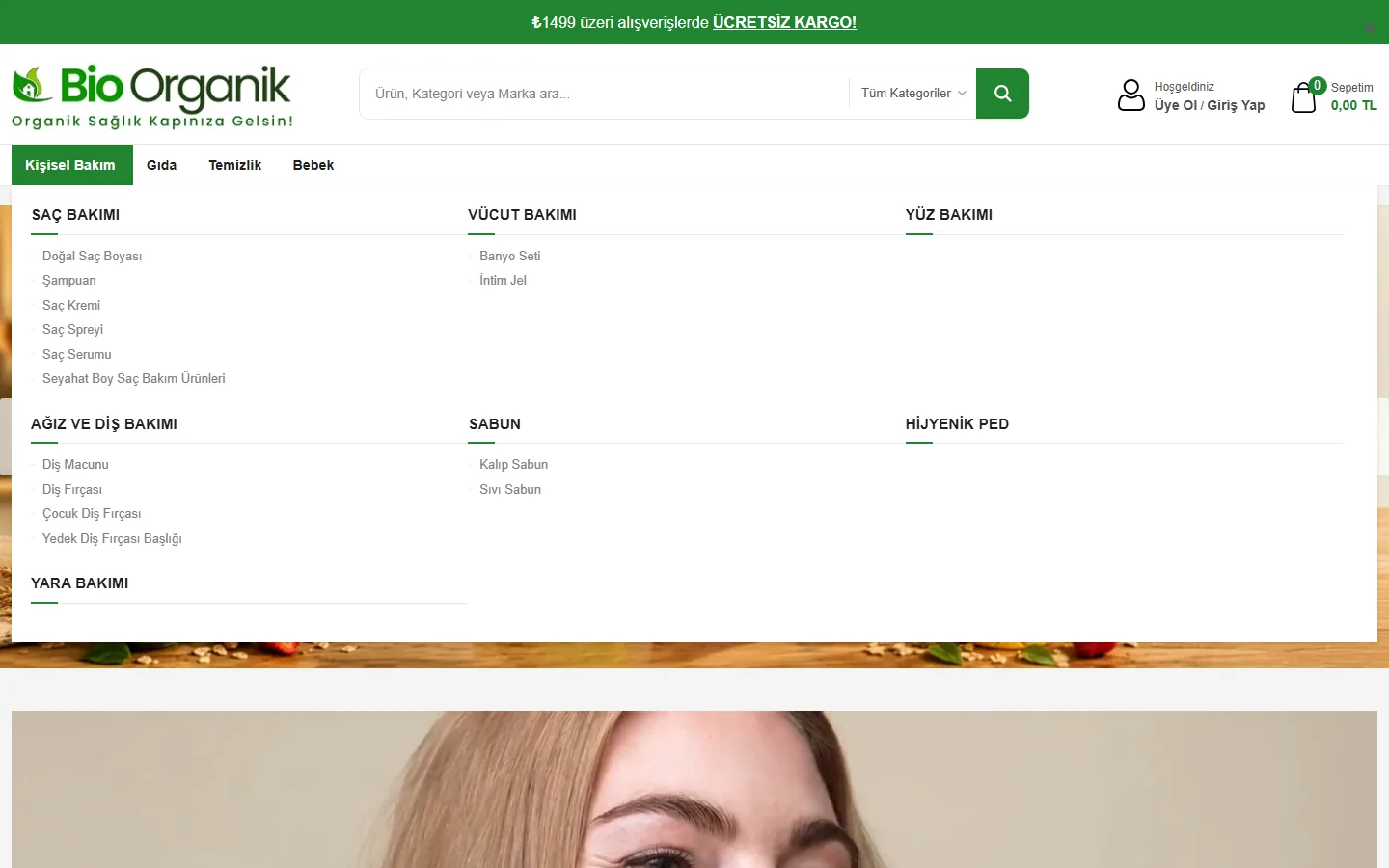 Bio Organik mağazasında açılmış yatay mega menü