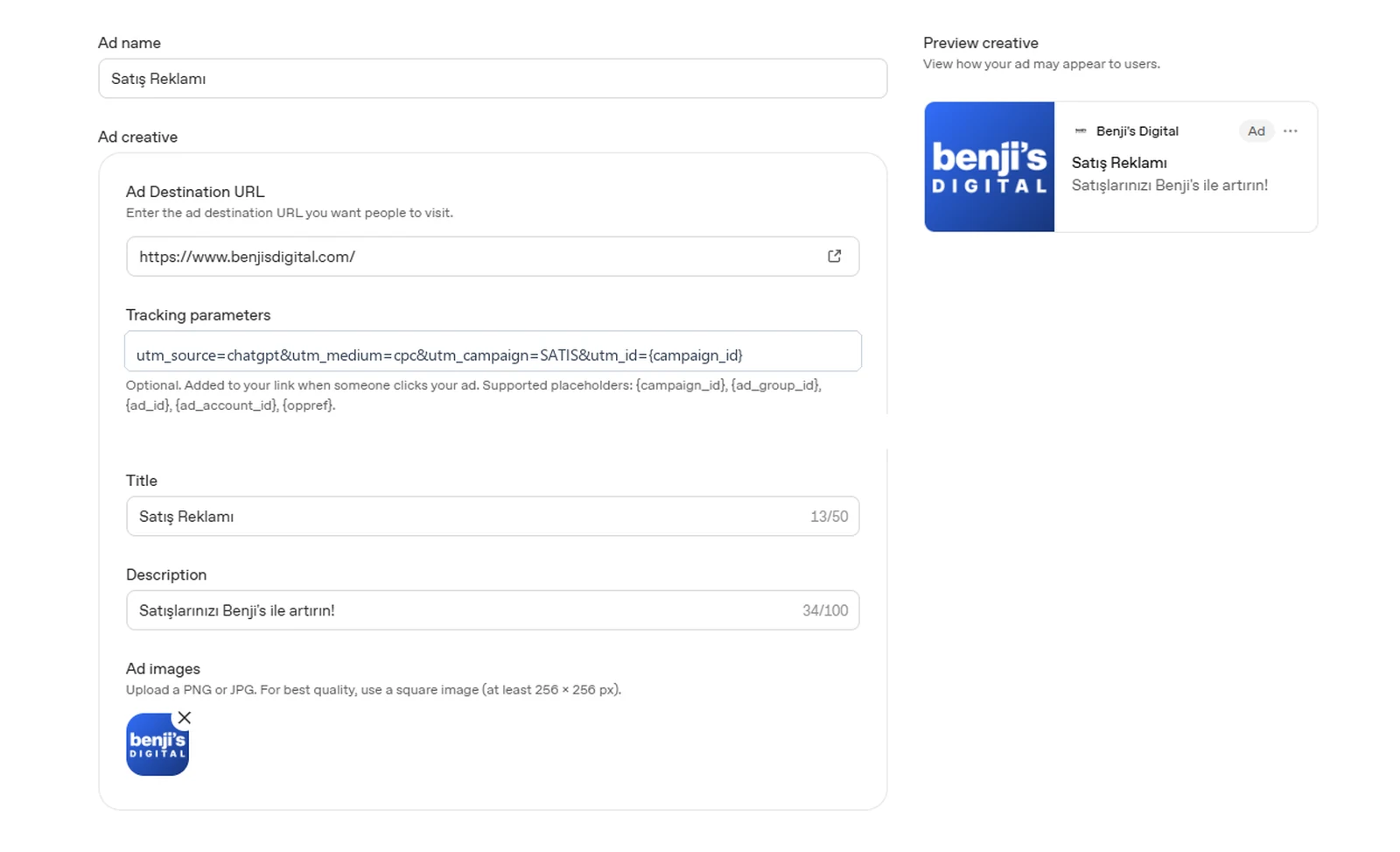 OpenAI Ads Manager arayüzünde Türkiye'den kurulmuş bir ChatGPT reklam kampanyasının kreatif adımı