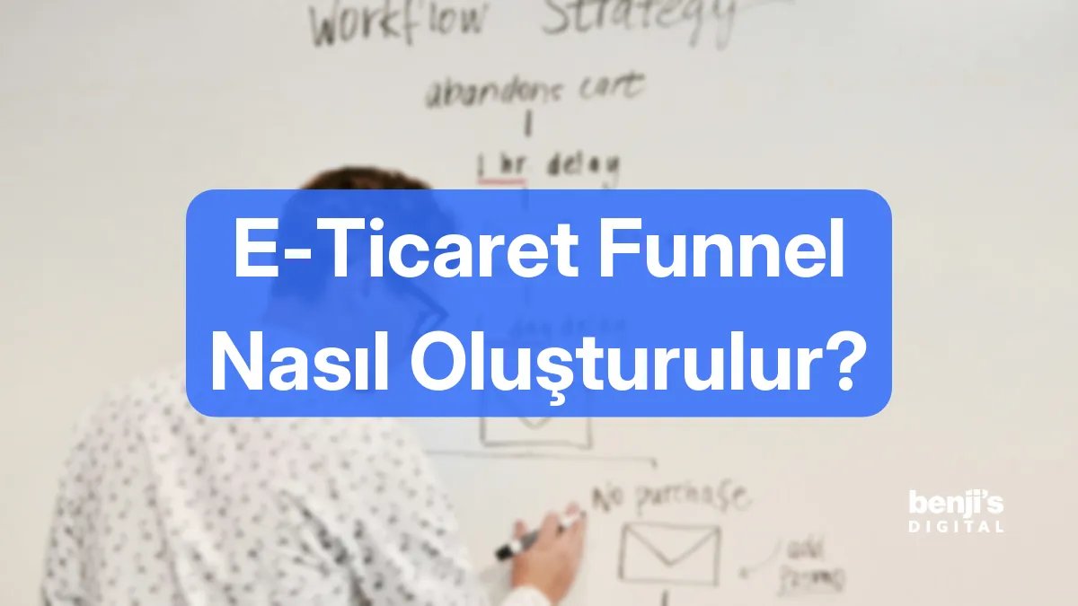 E-ticaret funnel nasıl oluşturulur kapak görseli, beyaz tahtada müşteri akışı ve terk edilen sepet adımlarını çizen bir kişi
