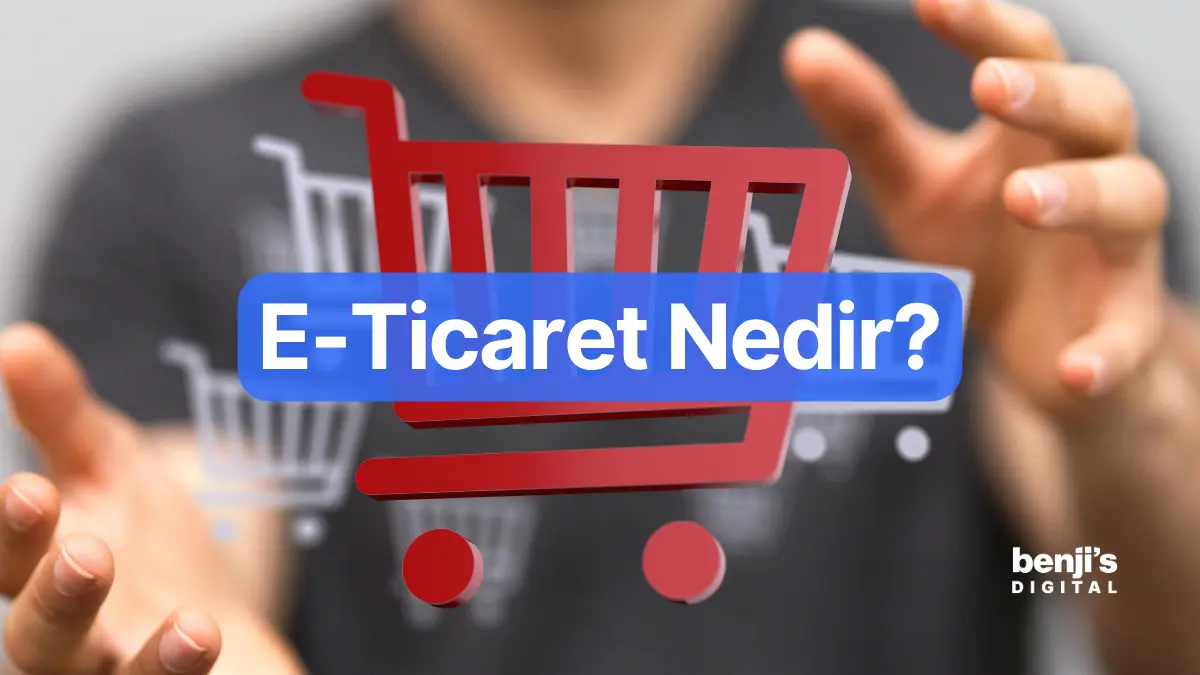 E-ticaret nedir kapak görseli, açık iki elin arasında havada duran kırmızı bir alışveriş sepeti simgesi