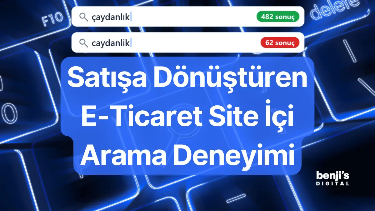 E-ticaret site ici arama kapak gorseli, klavye uzerinde caydanlik aramasi Turkce karakterle 482 sonuc, karaktersiz yazimla 62 sonuc veriyor