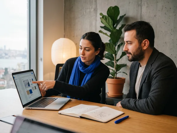 Account manager presenting a paid media plan to a client in a bright modern office