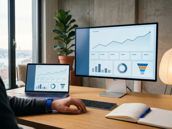 Laptop showing cost per lead and return on ad spend trends in a paid media report