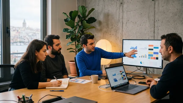 Development team reviewing a finished Shopify storefront on multiple screens