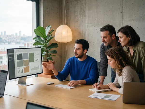 Benji's Digital team reviewing a Shopify SEO analytics dashboard together in an Istanbul studio
