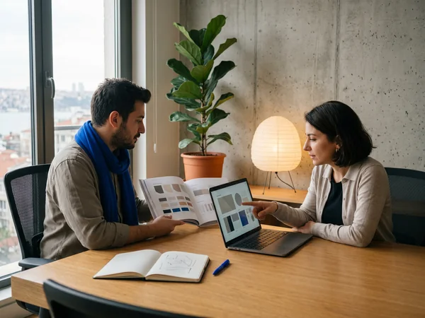 Designer presenting an open brand guidelines book with color palette and typography pages to a client