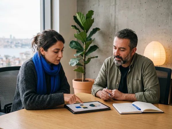 Strategist and store owner reviewing an ecommerce marketing channel budget allocation chart on a tablet