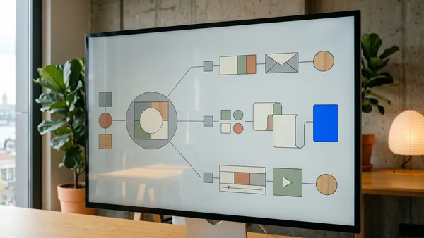 Hub and spoke diagram of one content asset distributed across email, social, and video channels