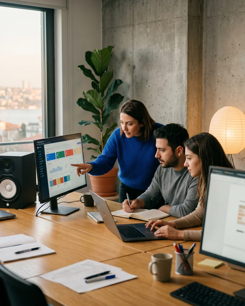 Content marketing agency team reviewing an editorial calendar and analytics on studio monitors