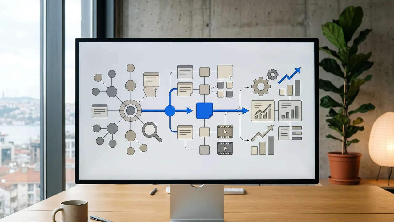 Three step content marketing process diagram showing audit and strategy, production, and optimization