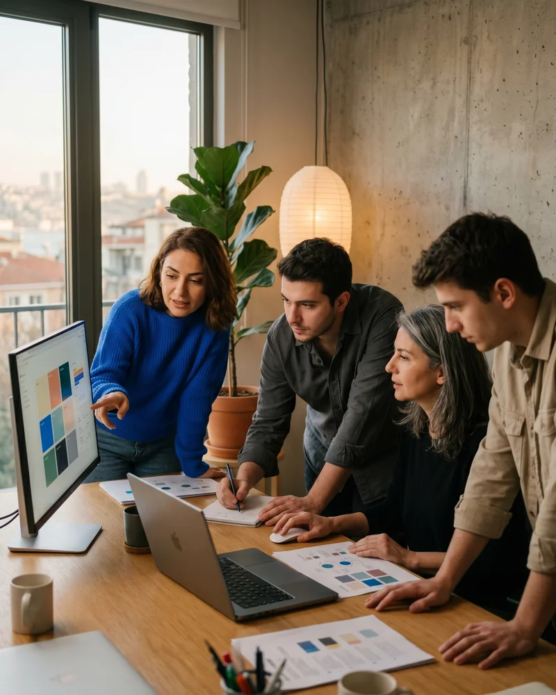 Content strategist reviewing a printed content marketing strategy and editorial calendar on a studio monitor