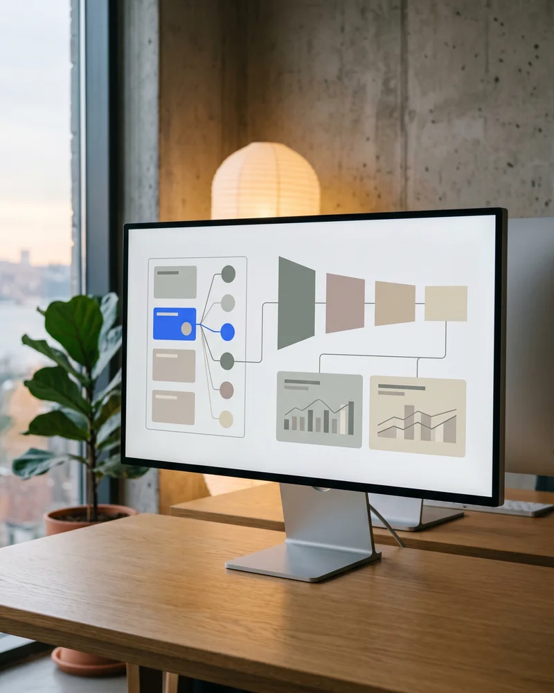 Senior CRO strategist reviewing a conversion funnel dashboard and A/B test results on a wide monitor.