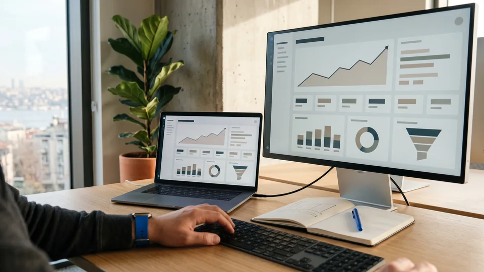 Dashboard view showing conversion rate, average order value, and revenue metrics all trending upward.