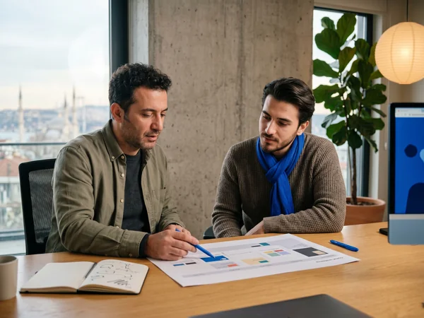 Strategy consultant and client reviewing a printed digital marketing roadmap in a modern office