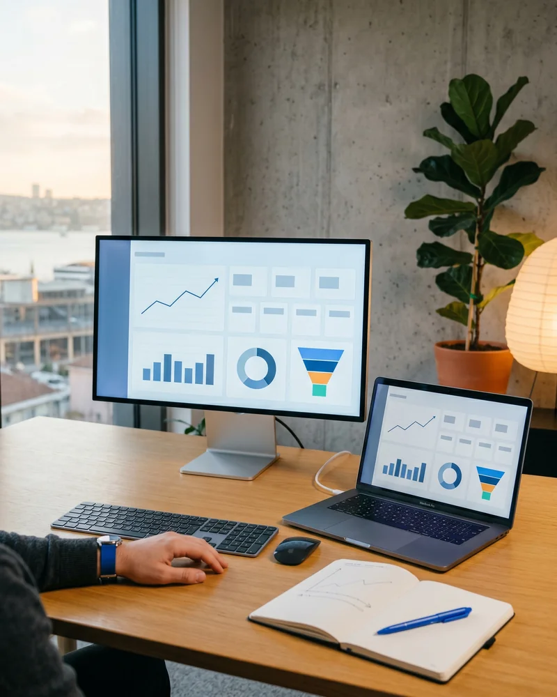 Strategist mapping a digital marketing strategy on a planning wall beside a roadmap dashboard
