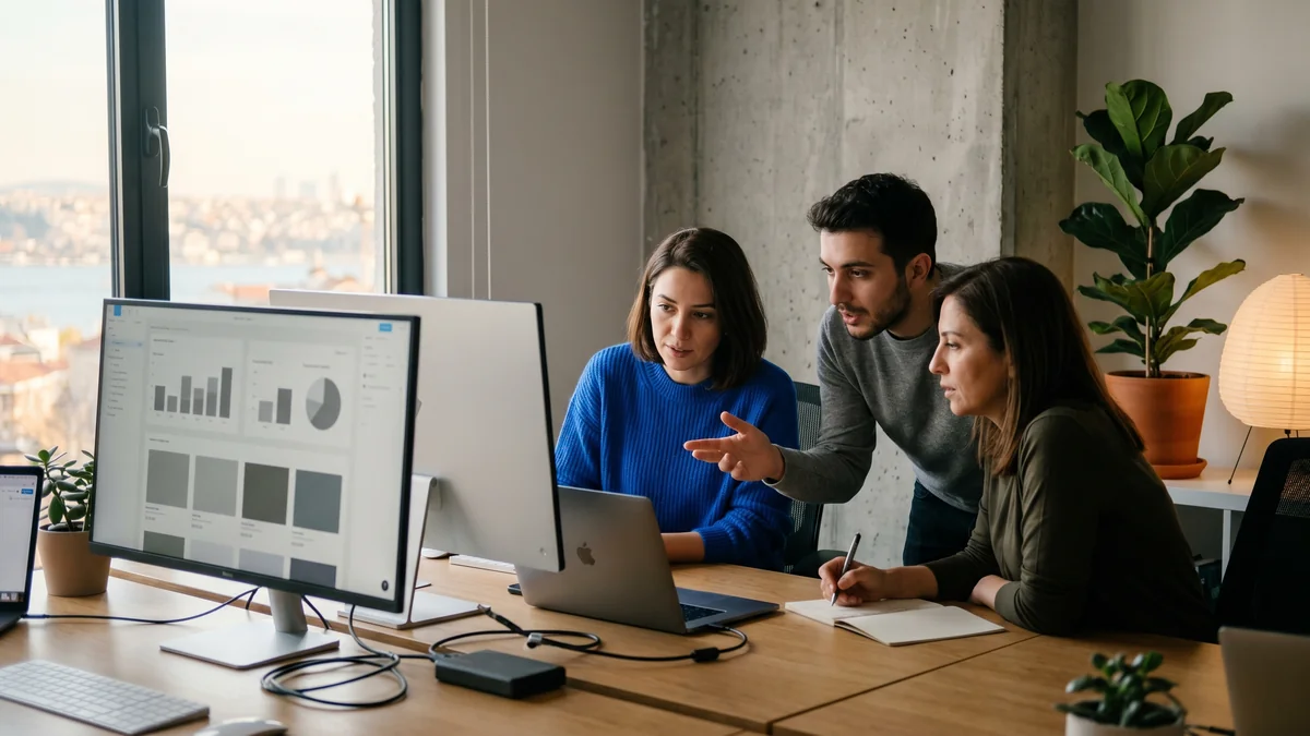 Web design team collaborating on an eCommerce site layout in Figma at a modern office workspace
