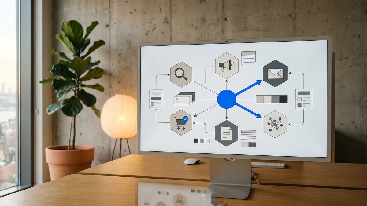 Icon grid of ecommerce marketing channels including search, paid ads, email, conversion, content and AI search