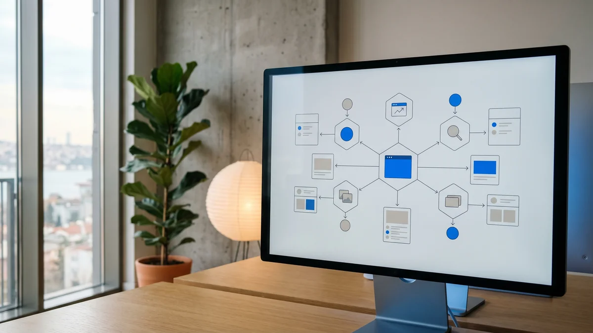 Eight pillars of eCommerce SEO services shown as hexagonal icon grid