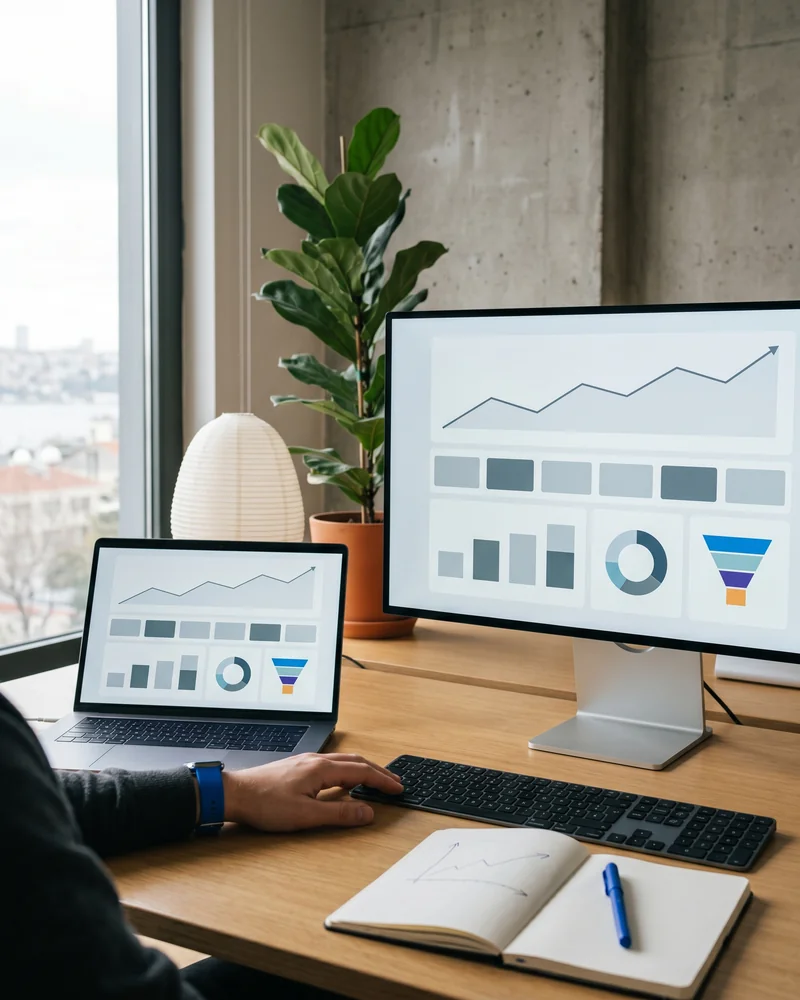 eCommerce SEO analytics dashboard showing organic traffic and revenue growth on laptop