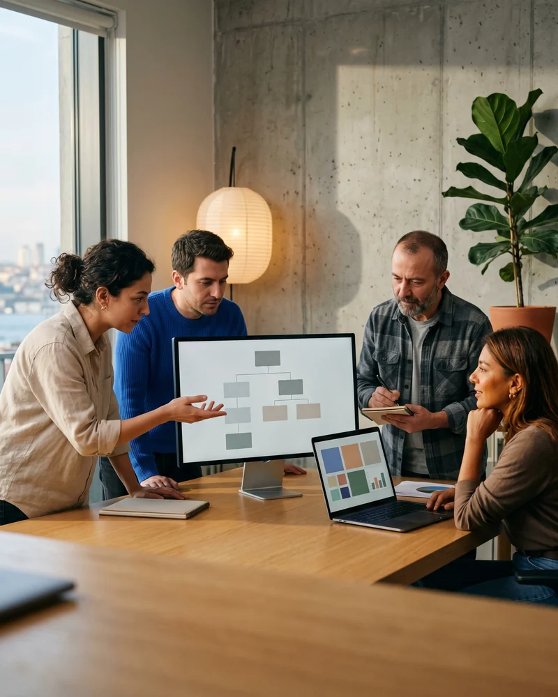 Marketer reviewing an email marketing automation flow builder on a large studio monitor