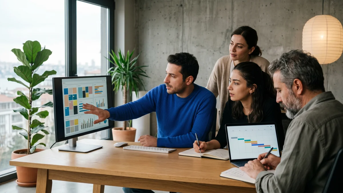 Marketing team reviewing email templates and a campaign calendar in an agency studio