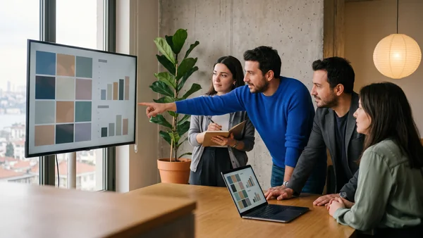 B2B marketing team reviewing GEO audit AI visibility results on a large meeting-room display