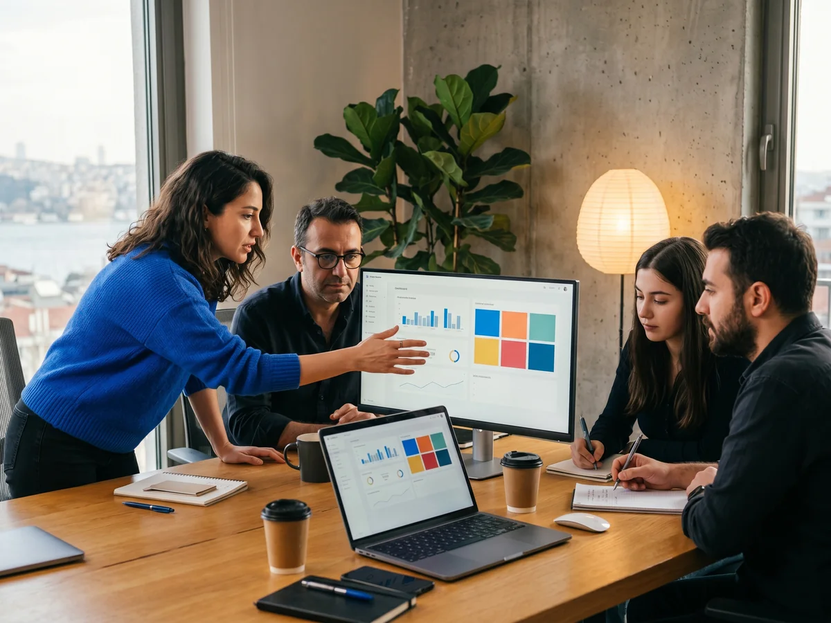 Digital marketing team reviewing Google Ads campaign performance on a large monitor