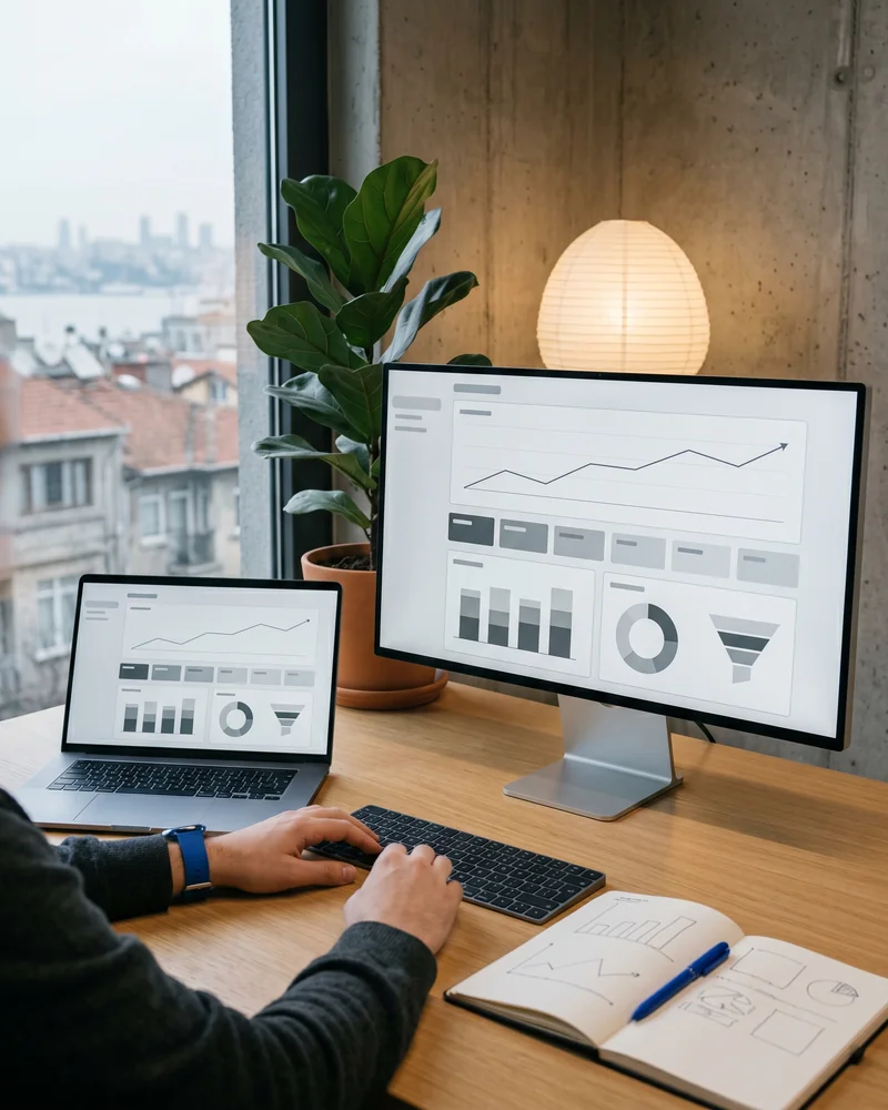 Modern marketing workspace with a Google Ads campaign dashboard, search results preview, and notebook