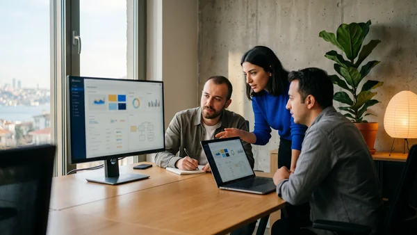 Two specialists reviewing hreflang implementation and Search Console international targeting report on a large monitor