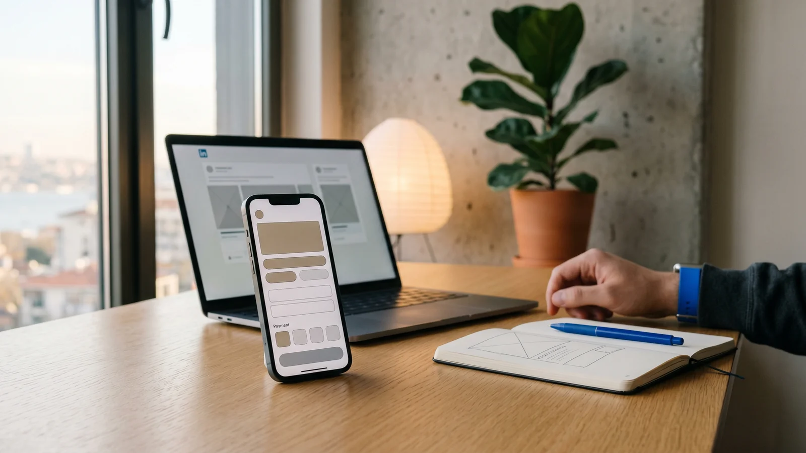 Laptop and phone showing LinkedIn ad format mockups including carousel and document ads