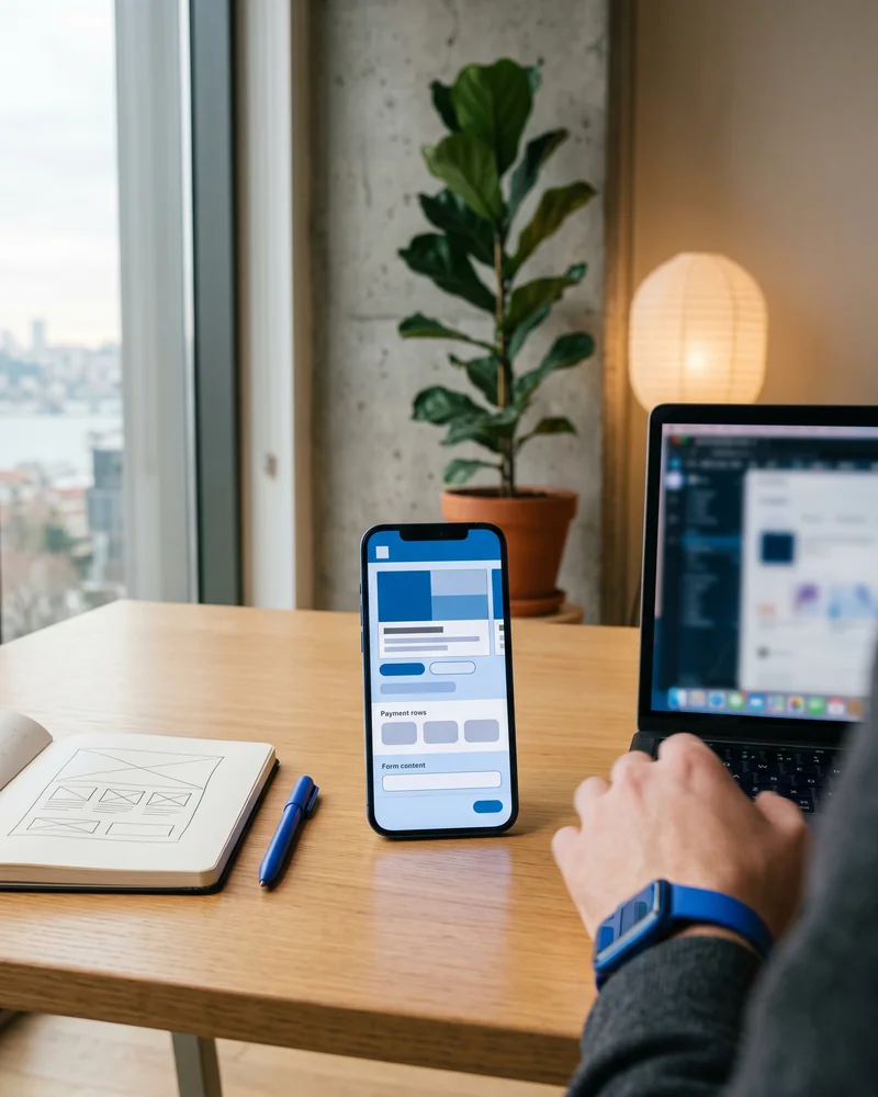 Marketing strategist reviewing a LinkedIn advertising campaign dashboard with an ad preview on a phone