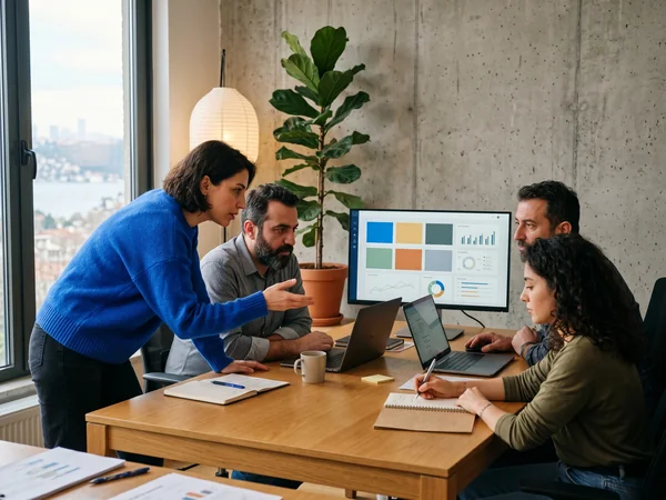 Marketing team reviewing local search analytics together in a modern office
