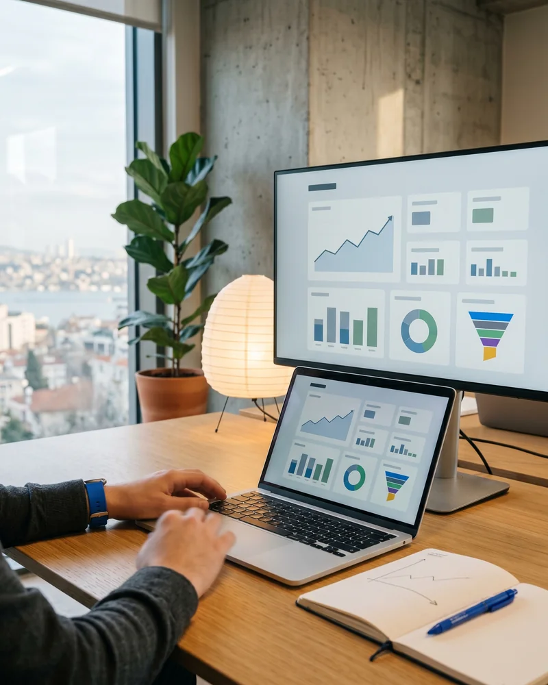 Business professional viewing local SEO map pack results with three highlighted listings on a laptop