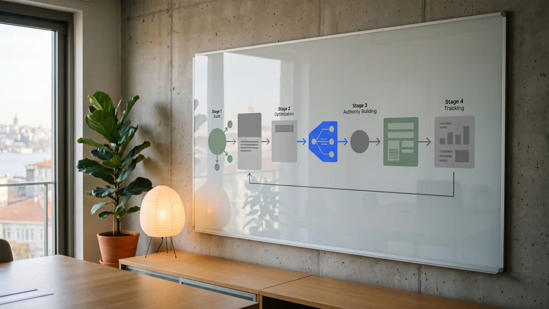 Four-step local SEO process diagram from audit to optimization to authority building to tracking