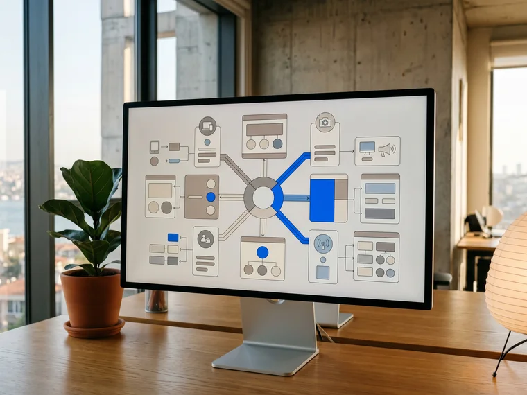 Overhead view of a central marketing plan with channel icons radiating outward for an omnichannel strategy