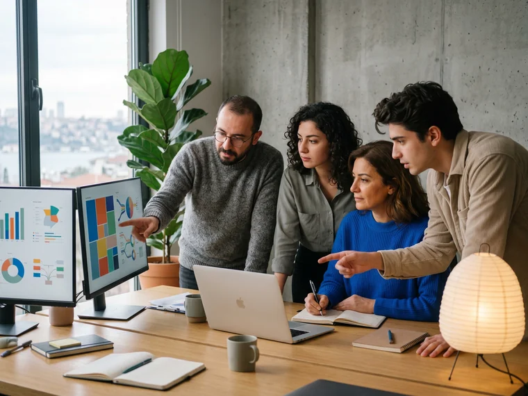 Marketing team reviewing audience personas, channel mix and budget allocation on a large screen