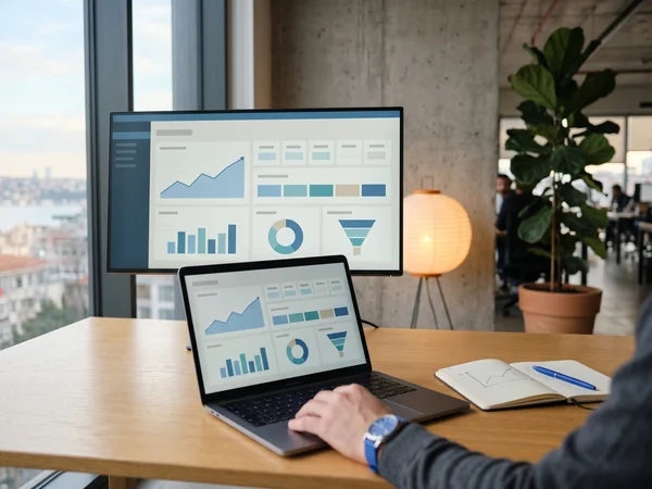 Laptop showing an upward marketing performance dashboard with pipeline and revenue trends