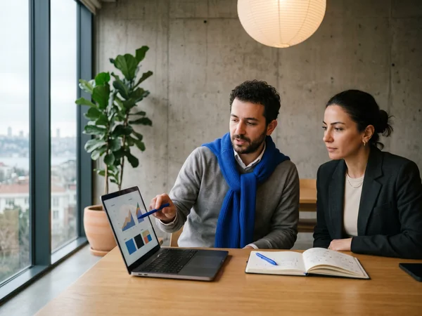Marketer presenting rising paid social results to a B2B client in a meeting