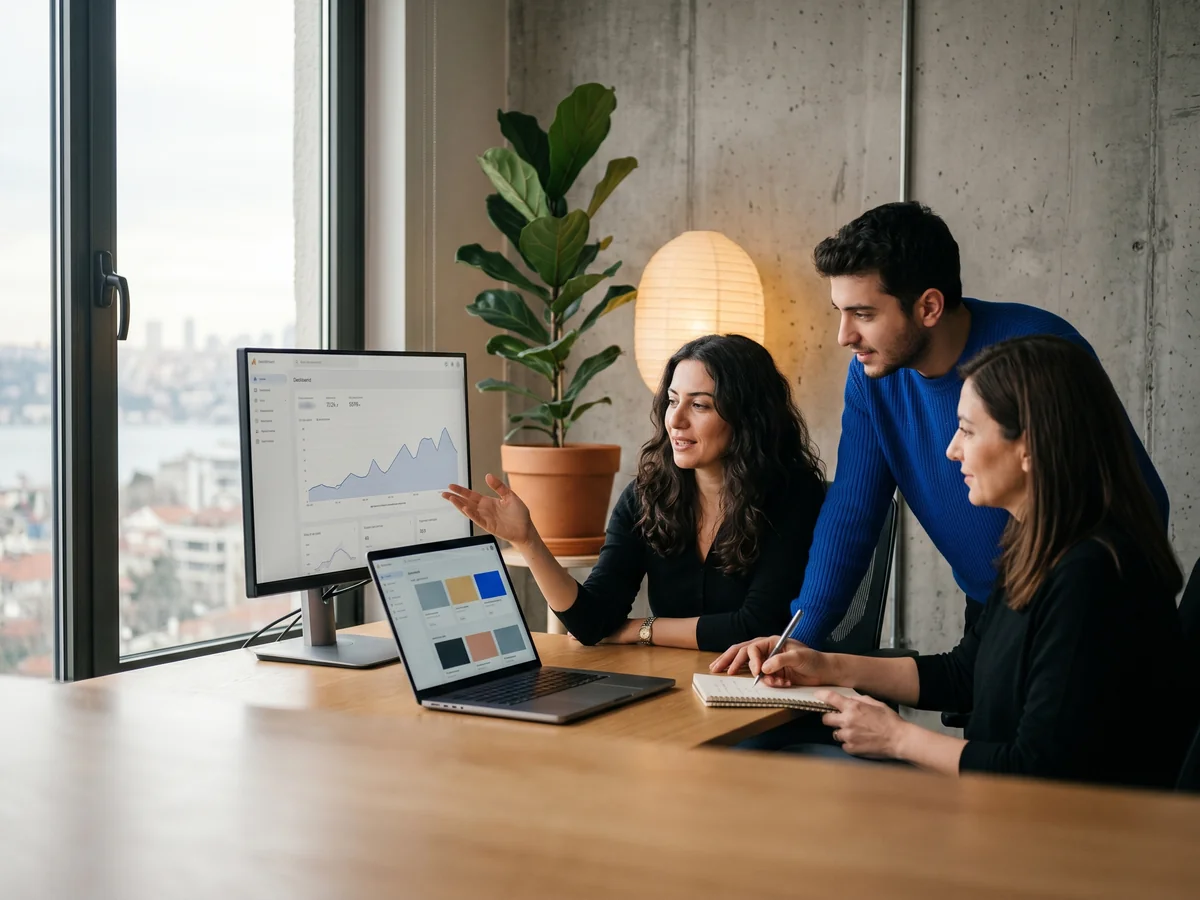 Benji's Digital marketing team reviewing Meta ad campaigns on a large monitor