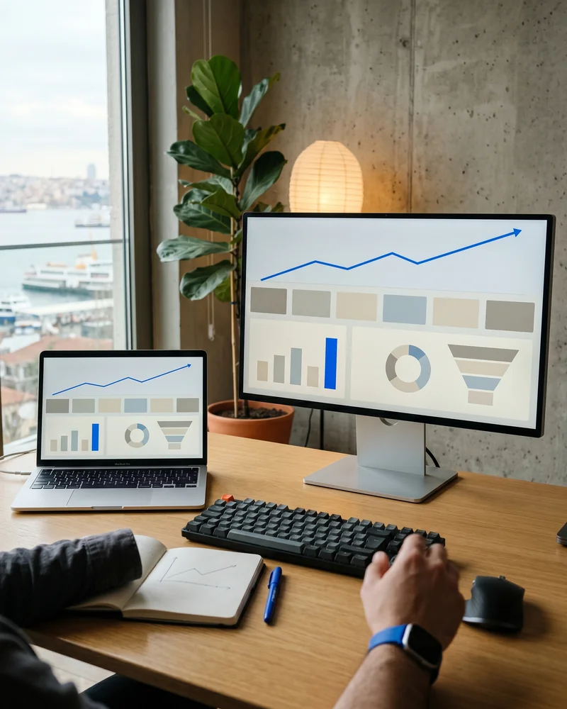 SEO company strategist reviewing organic search performance on a widescreen office monitor