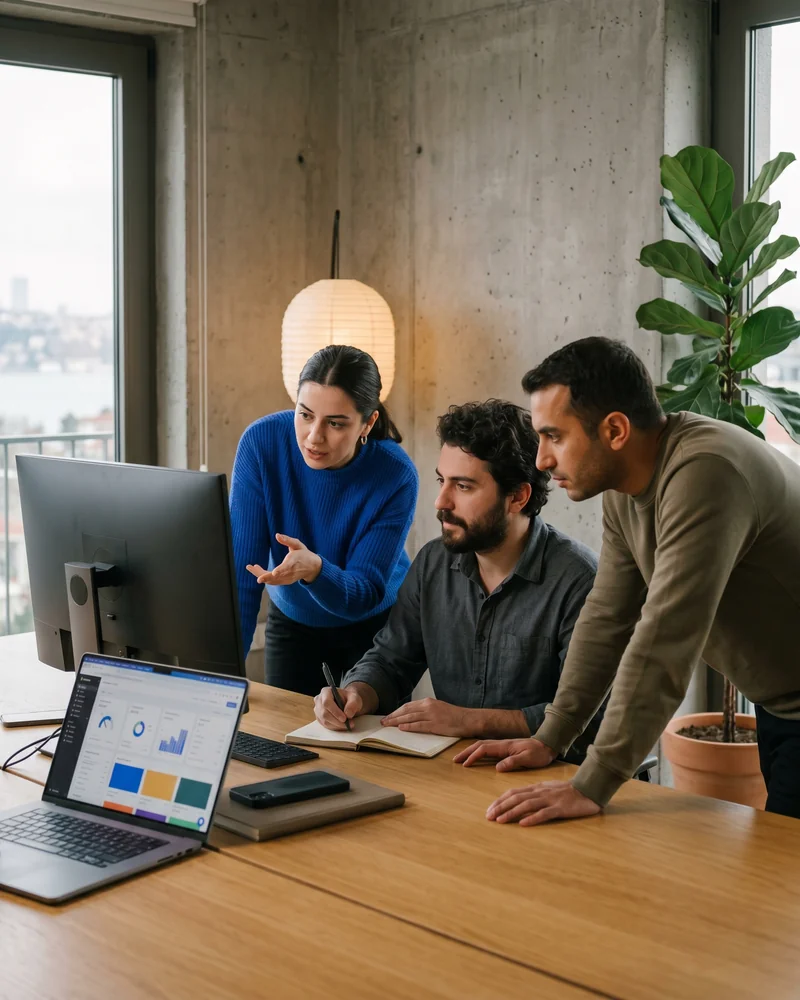 Ecommerce team reviewing a custom Shopify store build on studio monitors