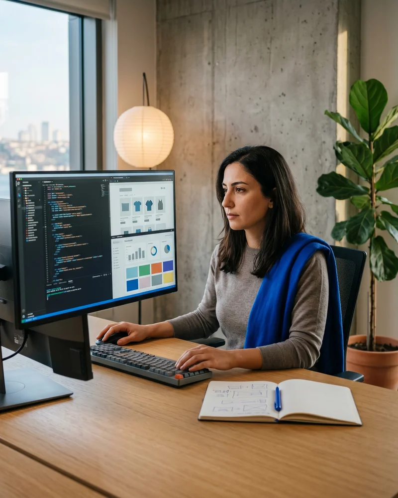 Developer building a custom Shopify app beside a live store in a code editor