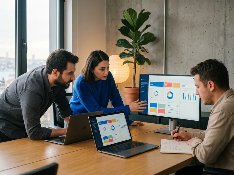 Two engineers pair programming a custom Shopify application on a large monitor