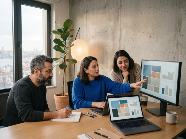 Benji's Digital team reviewing a Shopify theme together in an Istanbul studio with city view