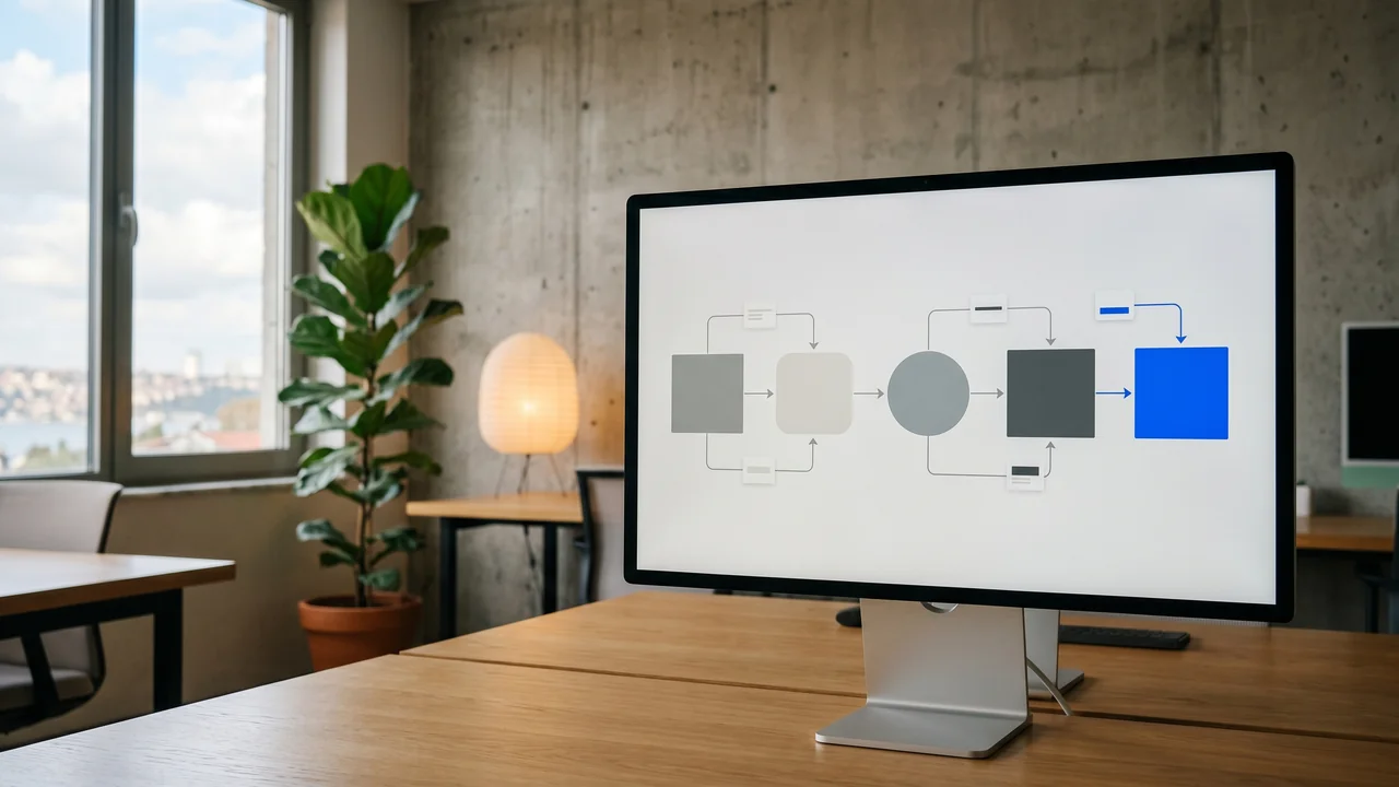 Five-phase Shopify web design process diagram with discovery, wireframing, design, development, and launch nodes