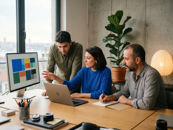 Benji's Digital social media agency studio workspace in Istanbul with a senior team at golden hour