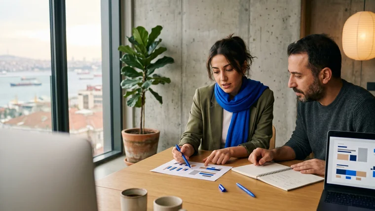 Social media agency strategist and client reviewing a scope of work and 90-day plan at a meeting table