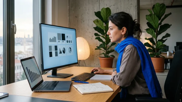 Laptop showing a declining social media engagement graph on a desk by a window
