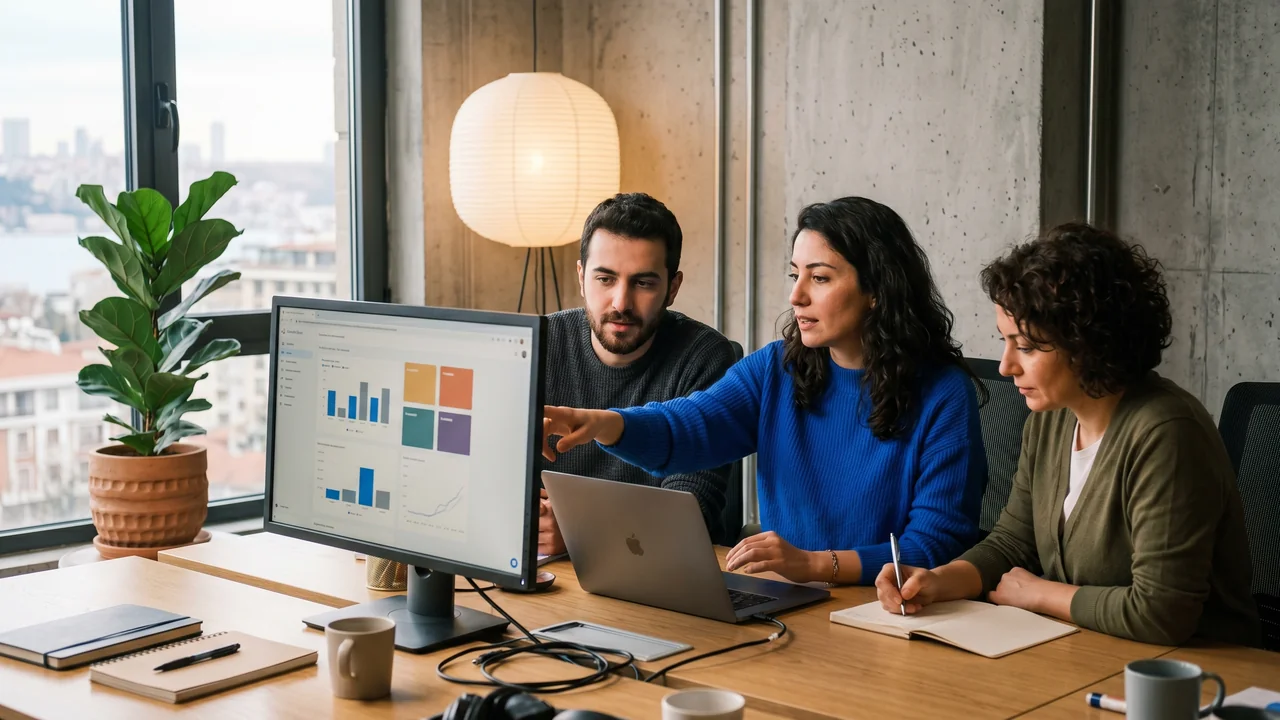 Three social media specialists creating content and managing community in an agency studio