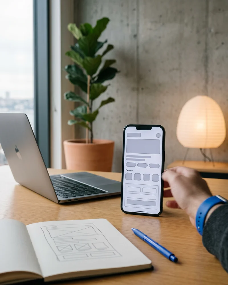 Designer workspace showing a high fidelity app interface and matching mobile screen